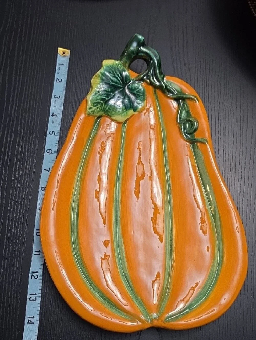 Festive Orange Ceramic Pumpkin Serving Platter with Green Accent - Picture 6 of 10